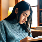 A young adult person, fully clothed in comfortable, modest attire, sitting peacefully in a sunlit, cozy reading nook. They are deeply engrossed in reading a book, a warm cup of tea beside them. The background features blurred bookshelves filled with diverse books, suggesting a serene and intellectual atmosphere. The light is soft and inviting, conveying a sense of mental peace, self-discovery, and quiet reflection. safe for work, appropriate content, fully clothed, modest, perfect anatomy, correct proportions, natural pose, well-formed hands, proper finger count, natural body proportions.