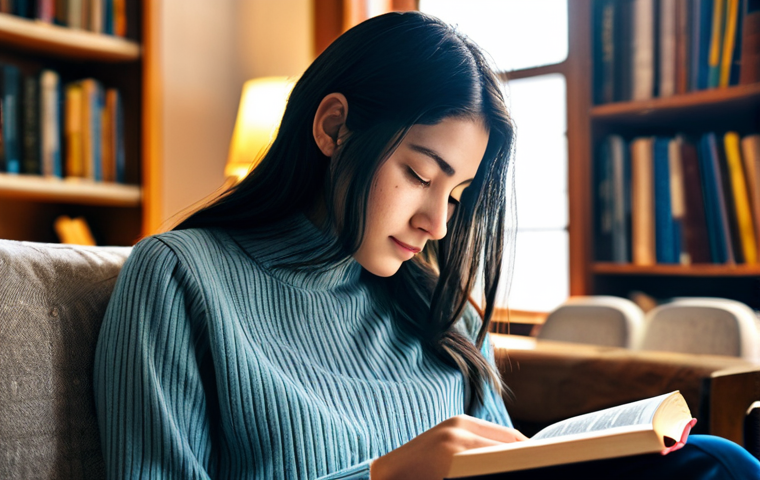 A young adult person, fully clothed in comfortable, modest attire, sitting peacefully in a sunlit, cozy reading nook. They are deeply engrossed in reading a book, a warm cup of tea beside them. The background features blurred bookshelves filled with diverse books, suggesting a serene and intellectual atmosphere. The light is soft and inviting, conveying a sense of mental peace, self-discovery, and quiet reflection. safe for work, appropriate content, fully clothed, modest, perfect anatomy, correct proportions, natural pose, well-formed hands, proper finger count, natural body proportions.
