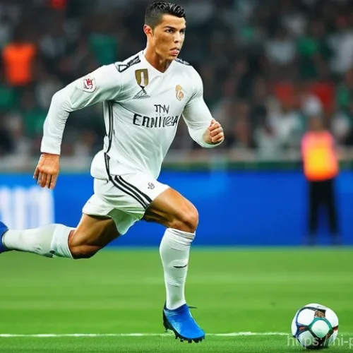 크리스티아누 호날두 스포츠 마케팅 - **Prompt: On-field Excellence and Unwavering Determination**
    A dynamic, action-packed image of C...