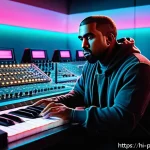 Home 21 카니예 웨스트 음악 혁신 - A detailed, futuristic music studio scene featuring Kanye West at work, surrounded by advanced digit...