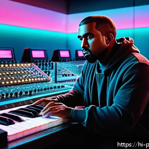 Home 15 카니예 웨스트 음악 혁신 - A detailed, futuristic music studio scene featuring Kanye West at work, surrounded by advanced digit...