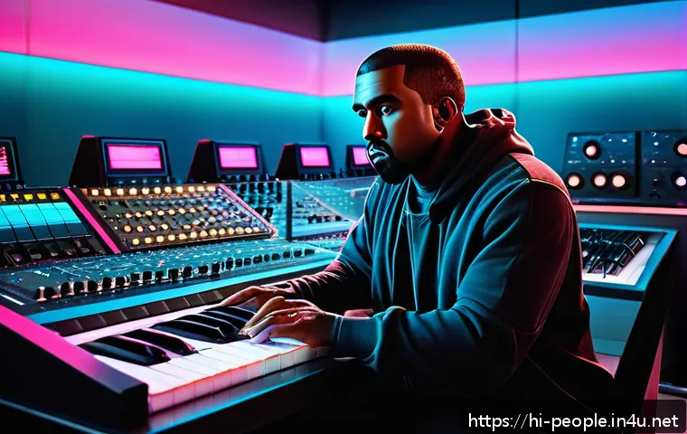 카니예 웨스트 음악 혁신 - A detailed, futuristic music studio scene featuring Kanye West at work, surrounded by advanced digit...