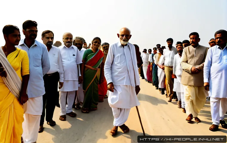 마하트마 간디 비폭력 운동 - Photorealistic historical scene of Mahatma Gandhi leading a peaceful nonviolent march along a sunlit...